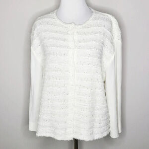 Amina Rubinacci White Button Down Knit Sequin Sweater With Crepe Sleeves…